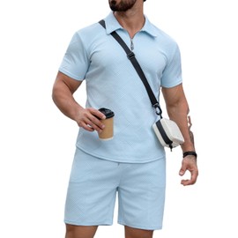 EISHOPEER Mens Polo Set - Soft Textured Fabric Multi-Sport Tennis Running Wear Light Blue X-Large