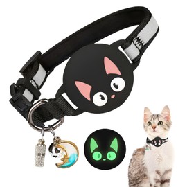 Woyinger Reflective Breakaway Cat Collars with Bells, Hidden GPS Tracker Airtag Safety Buckle Kitten Collar, with Name Tag, Waterproof AirTag Cat Collar Holder, Pet Supplies, Accessories, Stuff(Black)