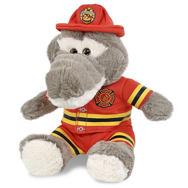DolliBu Sitting Grey Alligator Firefighter Stuffed Animal with Name Personalization