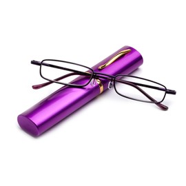 "Pocket" Readers Ultra Compact Spring Temple Reading Glasses in Tube Purple +3.25