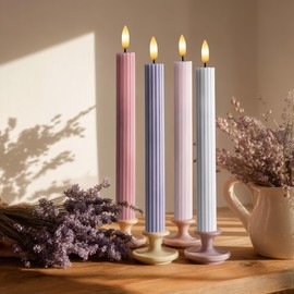 West Ivory Dusty Mauve Coordinated Pinkish Lilac 4 Pack Set, 10" LED Flameless Fluted Ribbed Grooved Taper Candles, Remote & Timer Memory, On/Off Button, Dimmable, Battery Operated, Menorah Wedding