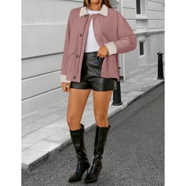 ZESICA Women's Lightweight Trendy Jackets 2025 fall Contrast Collar Button Down Cotton Oversized Casual Cargo Barn Jacket, Pink, S