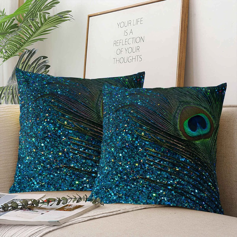 Suike Glittery Aqua Peacock Feather Fancy Hidden Zipper Home Sofa