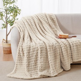 David's Home Checkered Fleece Waffle Blanket King Size,Plush Shaggy Fluffy 3D Jacquard Sherpa Throw,Cozy Soft Thick Lightweight for All Season,Fuzzy Aesthetic Room Decor for Couch Sofa Bed，Oatmeal