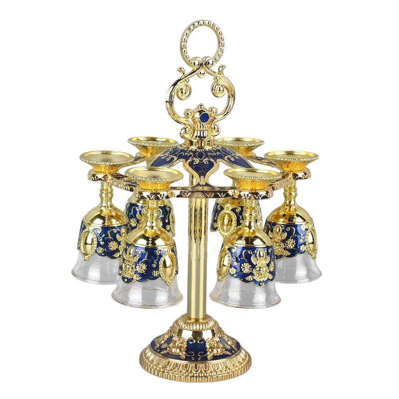 6Pcs Chinese Chalice Retro Style Zinc Alloy Glass Embossed Flower