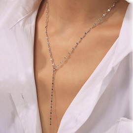 TseenYi Silver Y Lariat Necklace Bohemian Long Lariat Necklace Vintage Y Drop Necklace Minimalist Dangle Long Necklace Long Drop Lariat Necklace Chain Choker Necklace