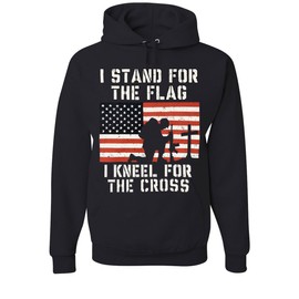 I Stand for The Flag I Kneel for The Cross Hoodie Patriotic Military Black X-Large
