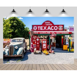 CHNYWORK 7x5ft Retro Gas Station Backdrop Classic Theme Route 66 Service Station Gas Pumps Retro Car Texaco Store Background Vintage Birthday Wedding Party Decor Studio Photo Booth Props Wallpaper