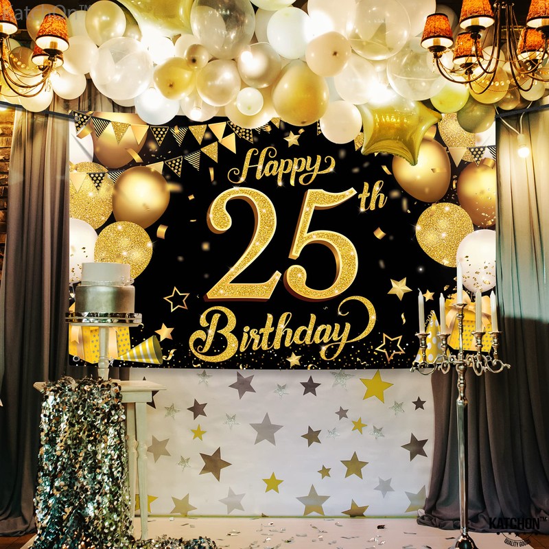 25th Happy Birthday Black Wall Banner,Glitter