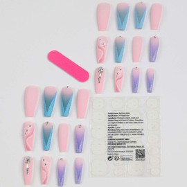 Kamize Gradient Press on Nails French Fake Acrylic Nails Coffin Full Cover Flower Crystal False Nails for Women and Girls 24PCS