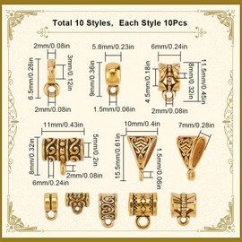 SUNNYCLUE 1 Box 100Pcs 10 Styles Clasp Bail Beads Charms Gold Bail Tube Beads Tibetan Antique Golden Alloy Hanger Connector Links Loose Spacer Beads Charms for jewellery Making Diy Crafts Supplies Wom