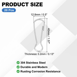 PATIKIL 20pcs 40x12.8x3.2mm Stainless Steel 304 Spring Snap Hook Metal Clip Clasps Keychain Key Ring ID Card Shower Curtain Silver
