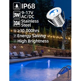 MALORY 3W Inground Pool Lights, Full Stainless Steel Low Voltage LED Underwater Swimming Pond Light Blue 250 lumens IP68 Waterproof Fountain Accessories Landscape Lights (6-Packs Blue)
