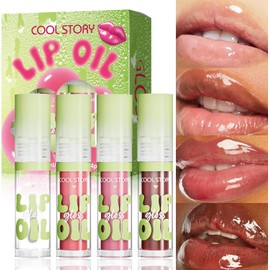 NEARPOW 4PCS Lip Oil Hidratante y Lip Gloss, Brillo de Labios con Aceite Escualano vegano, no pegajoso, duradera nutricion, alto brillo, cuidado labios secos, suave cosmetico