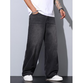 DFGIGT Men's Y2k Hip Hop Baggy Jeans Distressed Wide Leg Denim Pants Casual Loose Fit Trousers Streetwear Straight Leg Relaxed Fit 2000s Extreme Motion Skater Skateboard Street,B10 Black,Small