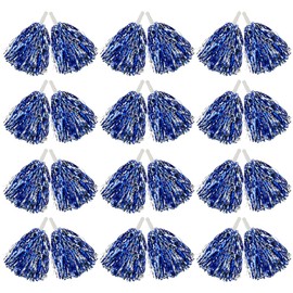 Hooshing 24PCS Pom Poms Cheerleading Blue and Silver Metallic Cheer Pom Poms with Plastic Handles for Team Sports Party Dance