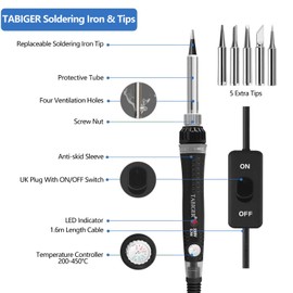 Tabiger Soldering Iron Kit, Soldering Kit with LCD Digital Multimeter, 60W Soldering Iron with 5 Extra Tips, Stand, Desoldering Pump, Solder, Wire Stripper Cutter, Tweezers, Tape, Tool Bag