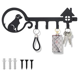 CONGGUAN Wall-Mounted Key Hooks Metal Key Holder Black Key Hooks Organizer 4-Hook Decorative Key Holder for Entryway Kitchen and Room Dog & House Design