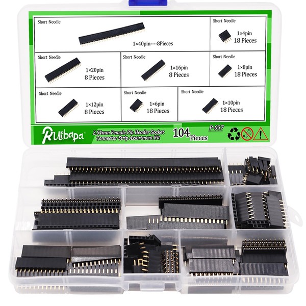Ruibapa 2.54mm Female Pin Header Socket Connector Strip Assortment Kit Straight Single Row PCB Board Pin Header 4,6,8,10,12,16,20,40Pin P-037