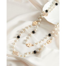 IDOKAWA Round Simulated Shell Pearl Strand Layered Necklace for Women, Dainty Multiple Strands Long Necklace for Party, Vintage Costume Jewelry (white&black-2023NEW)