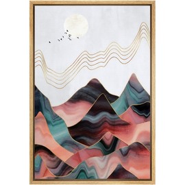 SIGNFORD Framed Canvas Print Wall Art Teal & Pink Marble Effect Mountain Range Abstract Wilderness Illustrations Modern Art Contemporary Scenic for Living Room, Bedroom, Office - 16"x24" Natural