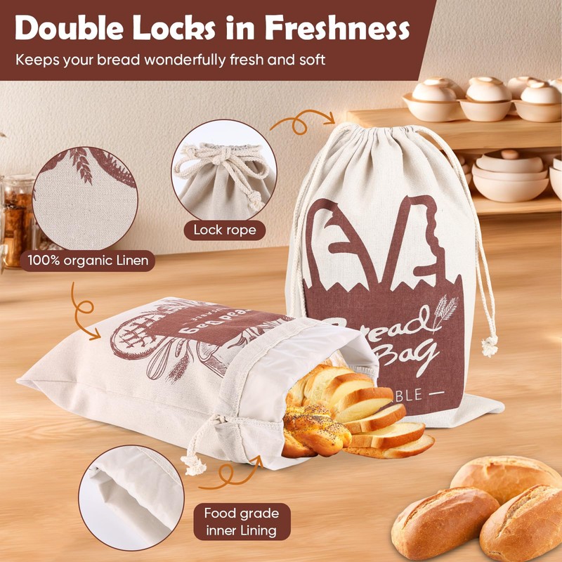 Bread Bags, 2 Pack Bread Bags Reusable Linen with Plastic