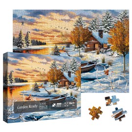 Winter Nature Landscape Puzzles for Adults 1000 Pieces, Pretty Sunset Lake House Tree Jigsaw Puzzles, Challenging Snow Scenic Cabin River Animal Puzzle