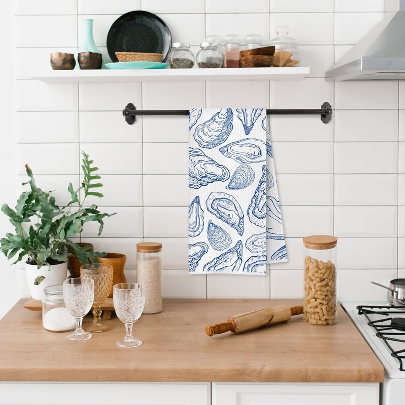 Trenstise Blue Coastal Oyster Kitchen Towels, Beach Bathroom Decor, Retro
