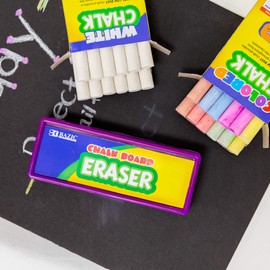 BAZIC Products Colored (12 Pcs) + White (12 Pcs) Chalk + Premium Chalkboard Eraser Bundle, Non-Toxic Kids Art Office Classroom Store Home, 1-Pack