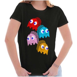 Pacman Arcade Game Pixelated Ghosts Womens Top Junior Graphic Tee Black