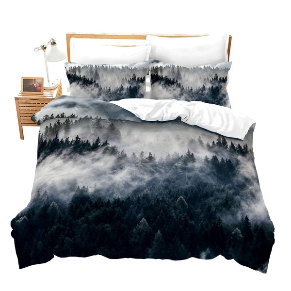 Smoky Mountain Bedding Pineforest Duvet Cover Queen Grey Trees Natural Scenery Art Comforter Cover Mountain with Firforest and Arrow Folk Style Retro Print Decorative Bedding Set with 2 Pillow Shams