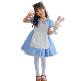 RPFLQ Alice Girls Maid Clothes, Dress, Cosplay, Halloween, Costume, Apron, Short Sleeve, Kids, Girls, Costume, Cute, Moe, Popular, Events, Activities, Dress, Light Blue, Light Blue, 3-Piece Set,