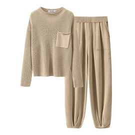 ANRABESS Women's Two Piece Outfits Long Sleeve Knit Top Fall Sweater Set Oversized Pants Tracksuit Lounge Sets Khaki XX-Large