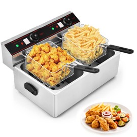 COSTWAY Commercial Deep Fryer, 5000W Electric Countertop Fryer with Dual Large Tanks, 2 Baskets & 2 Lids, Stainless Steel Hot Oil Cooker with Adjustable Temp for French Fries, Chicken, Shrimp & Chip