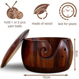 Bamboo Yarn Bowl with Lid, Handmade Yarn Holder, Yarn Storage Bowl for DIY Knitting Crocheting Accessories (Brown)