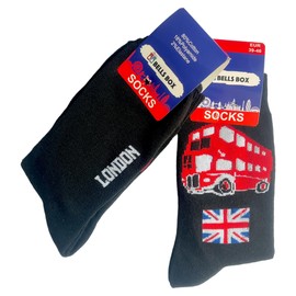 Souvenirs 2 Pairs Men’s London Socks – UK Size 6-11 – Black Crew Socks with Union Jack & London Bus Design – British Gift for Tourists & Travelers