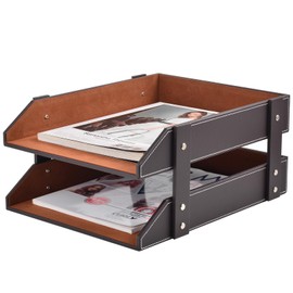 XNONE Leather Desk Organizer,2-Tier Stackable Letter Tray Holder,Office Supplies Desktop Storage Box for Document,Stationery,Magazines,Newspapers,Letters and Other Home Office Paper Sundries,Coffee
