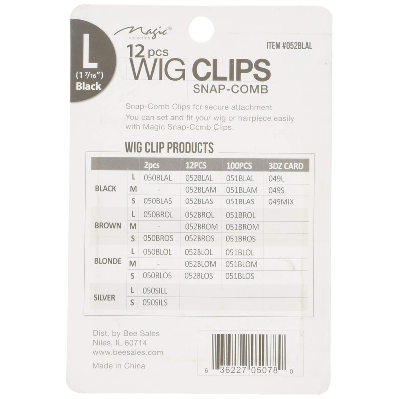 12 pcs Wig Clips Snap Comb Large 1 7/16" (Black)