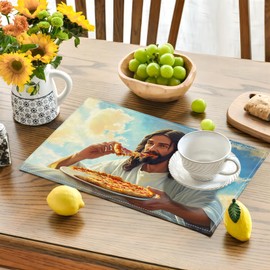 Jesus Pizza - Juego de 6 manteles individuales para decoración de lino, imitación resistente al calor, para decoración de comedor, cocina, fiesta, restaurantes, 12 x 18 pulgadas