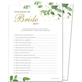 20 x Who Knows The Bride Best - Bridal Shower Hen Party Game - Botanicals Design (20 Guest Cards + 1 Card of Answers for The Host + Winner Certificate)