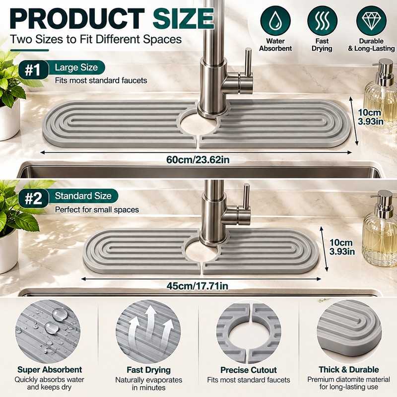 Water Absorbent Faucet Mat for Kitchen & Bathroom Sinks –
