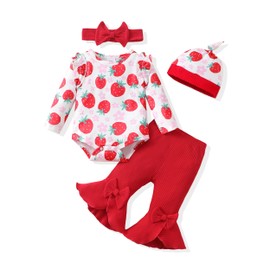 SODLON Newborn Baby Girl Clothes Infant Winter Fall Spring Outfits Cute Gifts Stuff Long Sleeve Clothing Strawberry Romper Ribbed Bell Bottoms Flared Pants Outfit Sets Red 3-6 Months