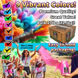 Color Run Powder. Bulk Pack. 3 Lbs Each. Non Toxic Holi Colored Powder for Color Wars, Festivals & Summer Camp Parties. 27Lb, 9 Packets.