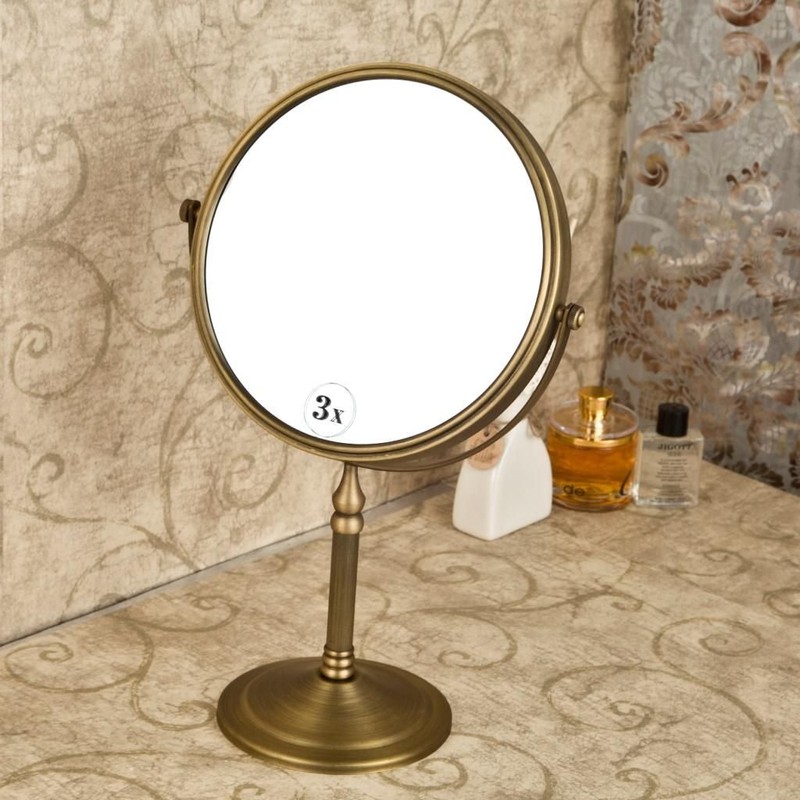 Leyden Antique Brass Makeup Mirror, 3X Magnifying Vanity Mirror Tabletop
