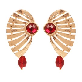 NEW! Touchstone Indian Bollywood Bling Beautifully Hand Peeled Wings Inspired Reverse Setting Red Faux Ruby Glass Drops Designer Jewelry Earrings In Gold Tone For Women.
