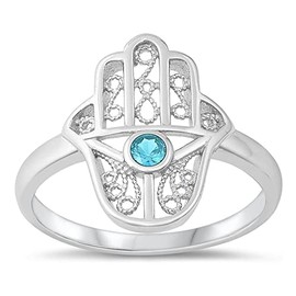 Filigree Hand of God Blue Simulated Sapphire Hamsa Ring .925 Sterling Silver Size 7