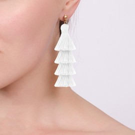 BaubleStar Fashion Gold Tassel Dangle Earrings Layered Long Bonita Tiered Thread Tassel White Drop Statement Jewelry for Women