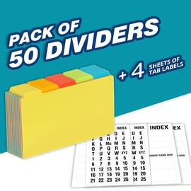 Chell 5x8 Plastic Index Card Dividers, Heavyweight Poly Index Card Guides A-Z for Flash Cards and Recipe Cards, with Alphabetical/Blank Stickers, Pack of 50