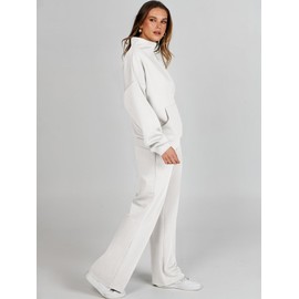 ANRABESS Women 2 Piece Outfits Sweatsuit Quarter Zip Sweatshirt Wide Leg Sweatpants Matching Lounge Set Travel Tracksuit White Small