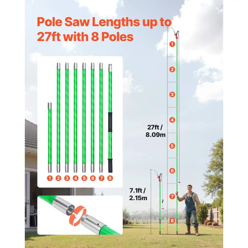 Manual Extendable Pole Saw 3.87-27 Ft High Carbon Steel Blade